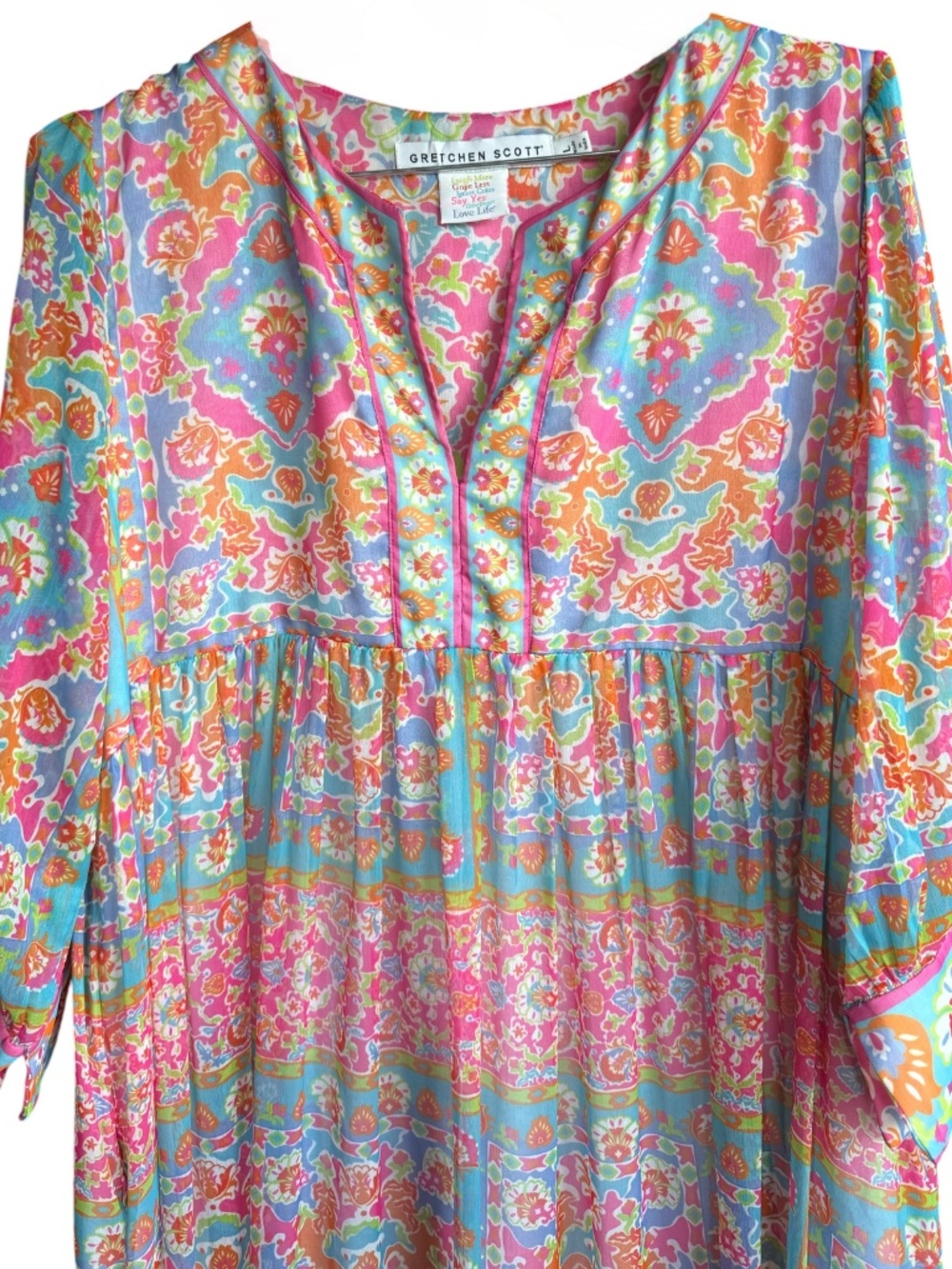 Gretchen Scott Designs Vibrant Bohemian Print 3/4 Sleeve Maxi Dress Sz L - Picture 3 of 10